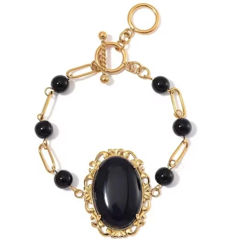 Black Onyx 13.00 ctw Beaded Adjustable Toggle Gold Paperclip Bracelet New